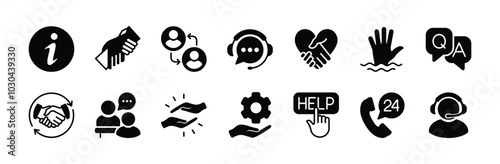 Help icon set. Containing information, teamwork, charity, customer service, volunteer, solidarity, call center, interview, partnership, care, support, question and answer, friendship, cooperation