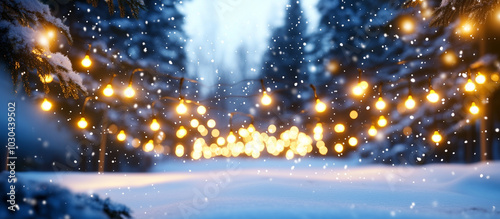 A dreamy winter forest setting illuminated by strings of warm glowing lights that dangle from snow-covered trees. The blurred background and gently falling snowflakes create a peac photo