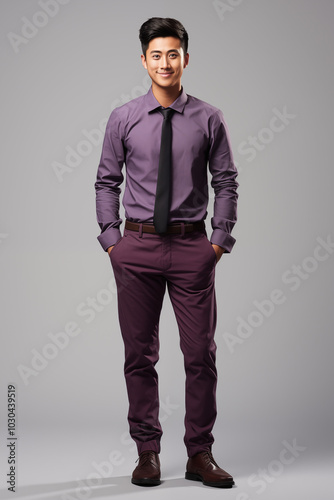 a man in purple color formal outfit standing in the studio with isolated background