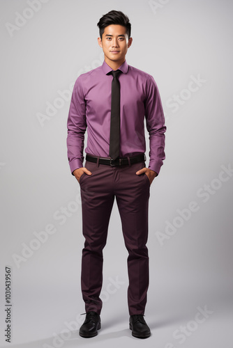 a man in purple color formal outfit standing in the studio with isolated background