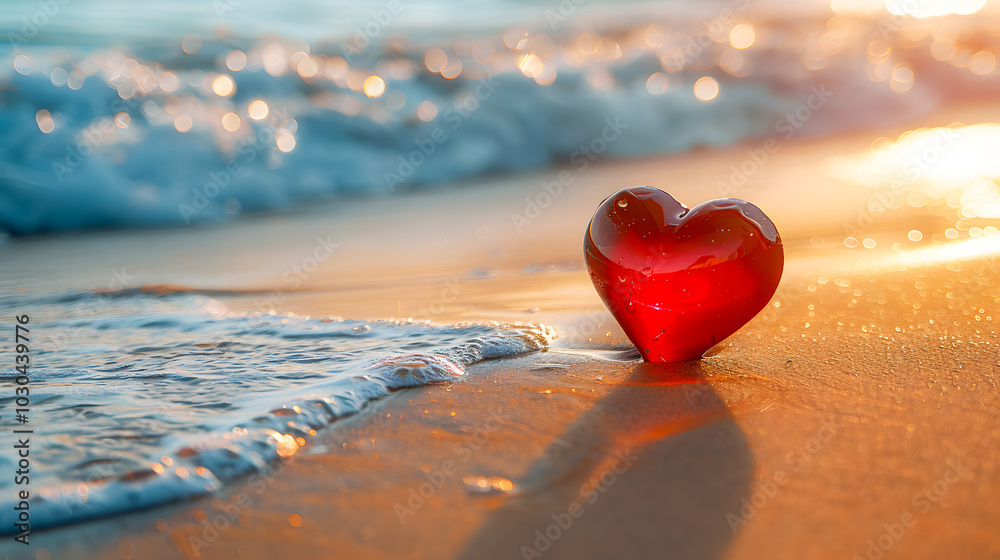 Fototapeta premium Valentines Day concept. Romantic love symbol of red heart on the sand beach with copy space. Template for Inspirational compositions and quote postcards