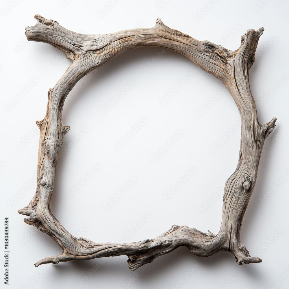 Rustic driftwood frame forming a natural circle on a white background Rustic driftwood frame forming a natural circle on a white background