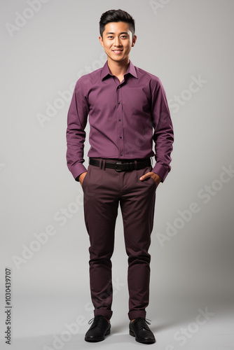 a man in purple color formal outfit standing in the studio with isolated background