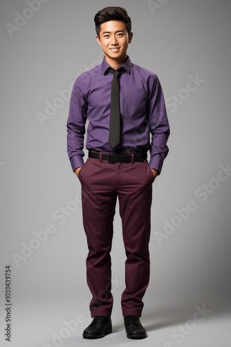 a man in purple color formal outfit standing in the studio with isolated background