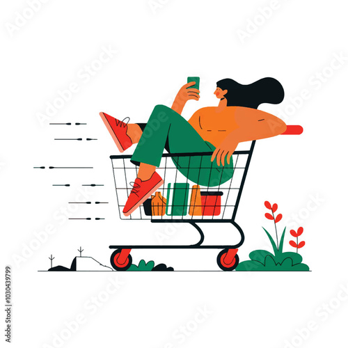 Adobe Illustratoa woman is sitting in a shopping cart with a shopping bag in her hand.r Artwork