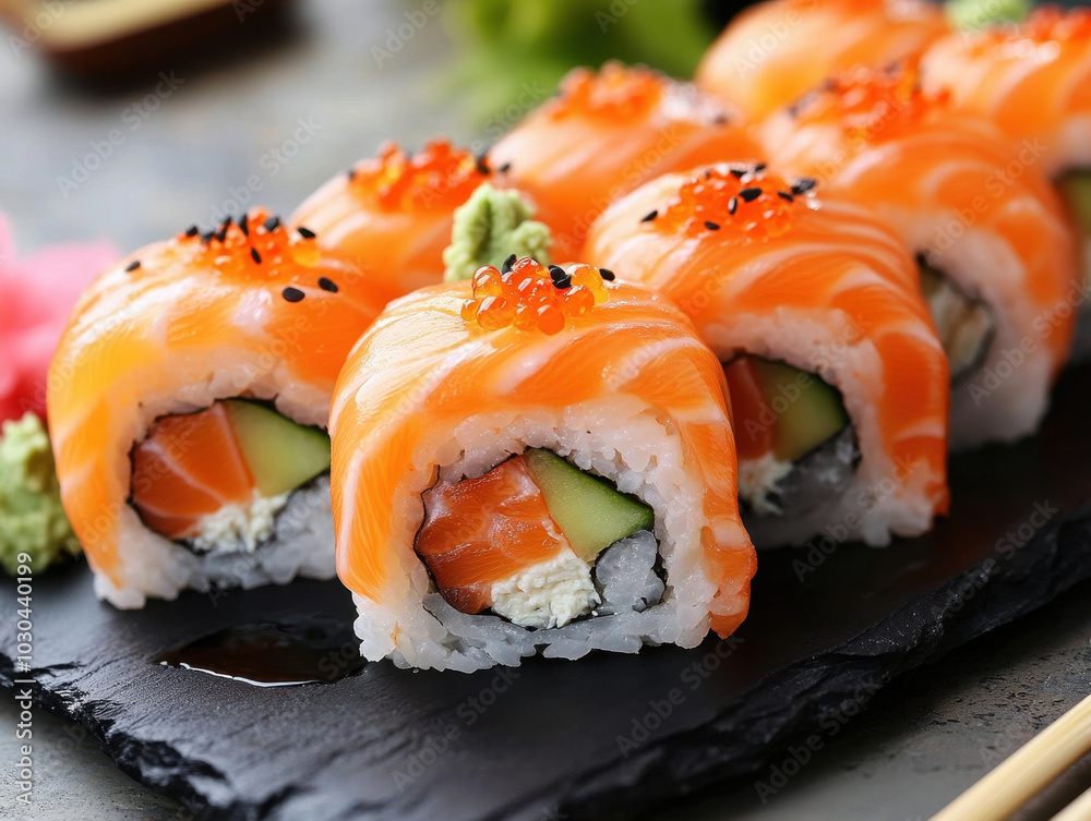 Delightful sushi rolls adorned with fresh salmon and vibrant garnishes at a gourmet restaurant Delightful sushi rolls adorned with fresh salmon and vibrant garnishes at a gourmet restaurant