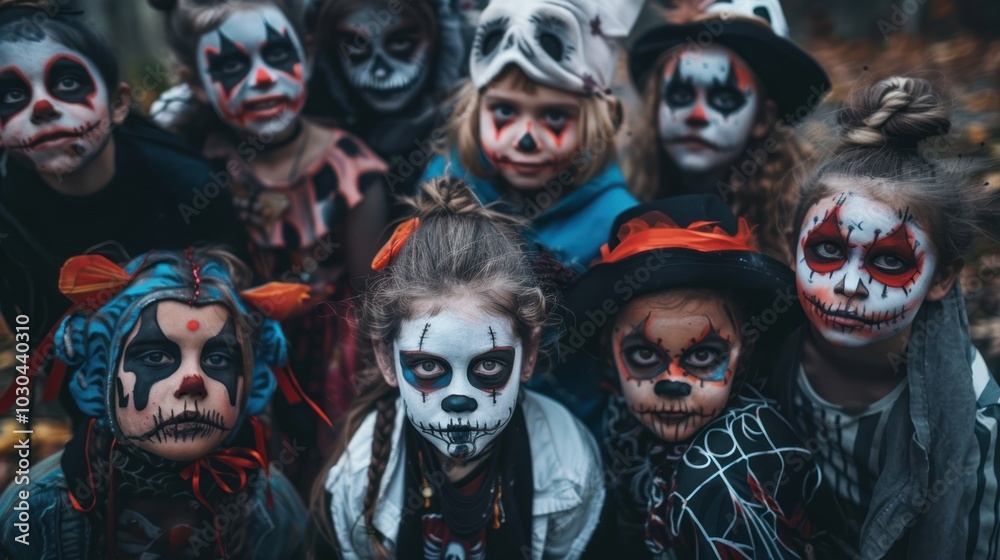 A group of children with Halloween makeup on their faces A group of children with Halloween makeup on their faces