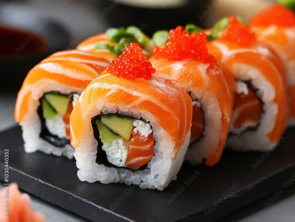 Delightful sushi rolls adorned with fresh salmon and vibrant garnishes at a gourmet restaurant Delightful sushi rolls adorned with fresh salmon and vibrant garnishes at a gourmet restaurant
