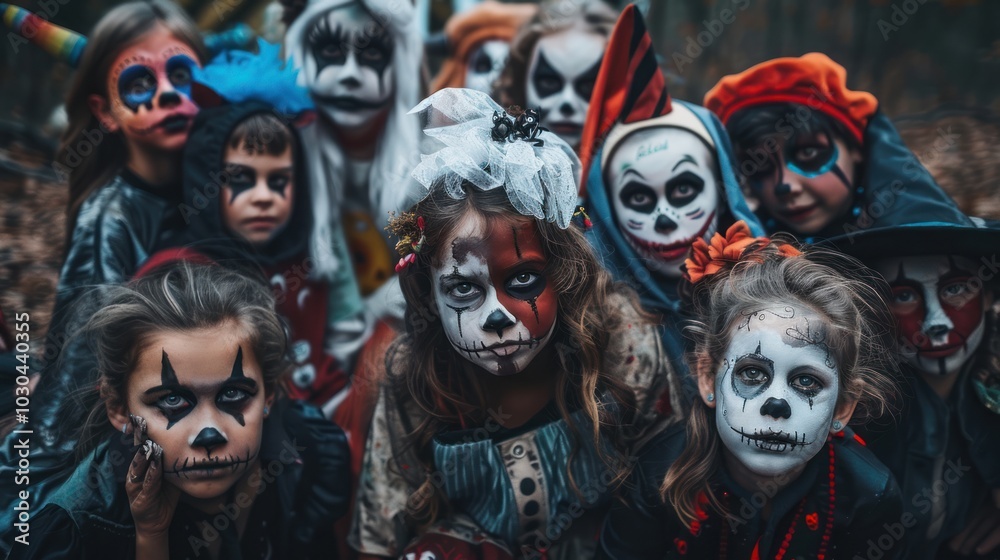 A group of children with Halloween makeup on their faces A group of children with Halloween makeup on their faces