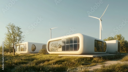 Wallpaper Mural Futuristic Sustainable Modular House Design for Off-Grid Living with Solar Panels, Wind Turbines, and Rainwater Collection System - 3D Render Illustration Torontodigital.ca