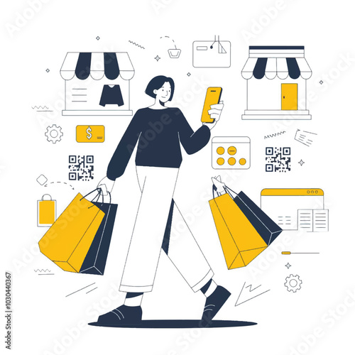 a woman is sitting in a shopping cart with a shopping bag in her hand.