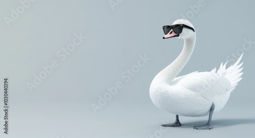 A swan wearing sunglasses on an isolated background. photo