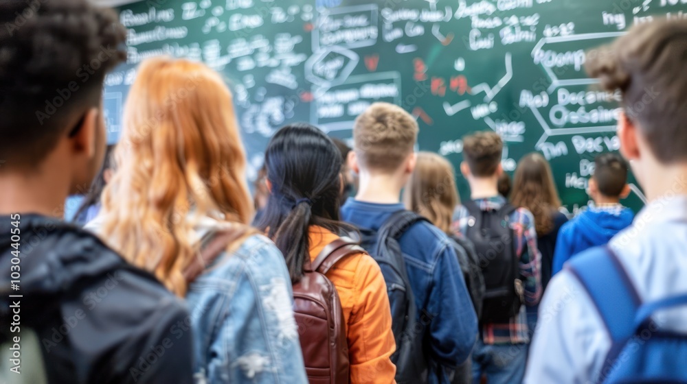 Students gathered around a blackboard in a classroom Students gathered around a blackboard in a classroom