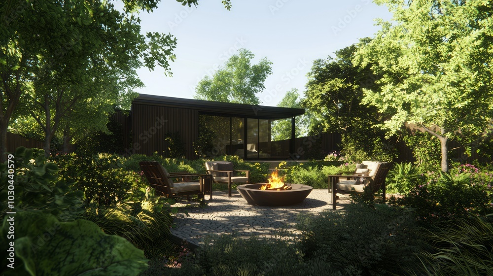 Sustainable Modular House Design - Cozy Outdoor Seating Area with Fire Pit | 3D Render Illustration for Gatherings Sustainable Modular House Design - Cozy Outdoor Seating Area with Fire Pit | 3D Render Illustration for Gatherings