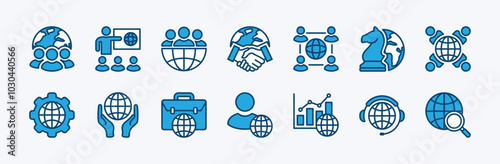 Set of business outsourcing icon vector. Containing teamwork, international cooperation, collaboration, global connection, agreement, guidance, strategy, community, support, chart, searching, employee