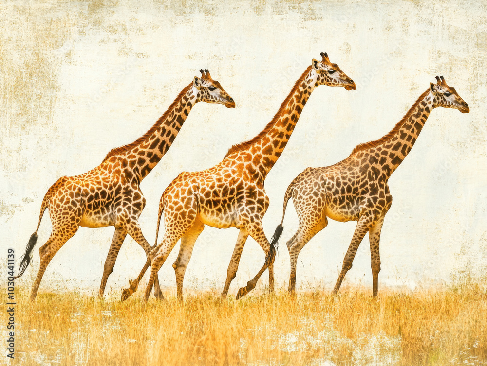 Obraz premium Elegant giraffes stroll through the lush grasslands of Africa under a vibrant blue sky