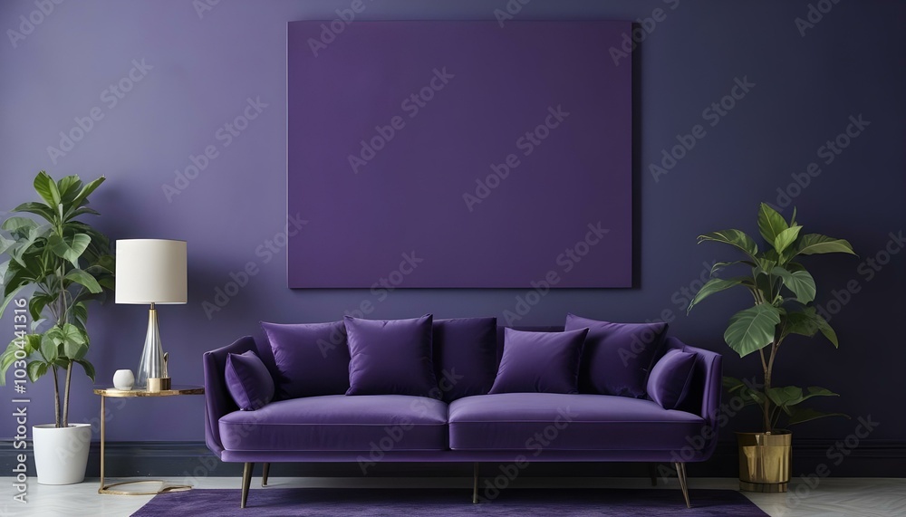 A large purple velvet sofa in a modern living room with a blank purple wall behind it 