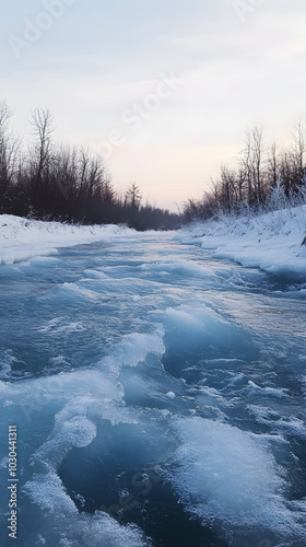 An icy landscape with large waves crashing against the rocks, creating an otherworldly and surreal atmosphere. The cold blue tones of the ice crystals enhance the sense of mystery in the scene. 