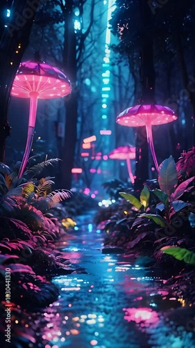 Enchanted forest with glowing flowers, magical lights, and mystical trees, creating a dreamlike, fantasy atmosphere perfect for fairy tale themes.