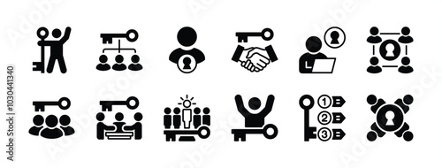 Business key employee flat icon set. Containing teamwork, cooperation, collaboration, human resource, step, protection, security, privacy, leadership, work, meeting, organization. Vector illustration