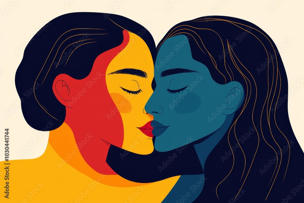 Bold abstract illustration of two women facing each other with vibrant colors symbolizing love identity and emotional connection in a modern creative design with artistic expression Bold abstract illustration of two women facing each other with vibrant colors symbolizing love identity and emotional connection in a modern creative design with artistic expression