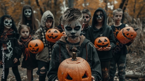 A group of children are dressed up in Halloween costumes and holding pumpkins