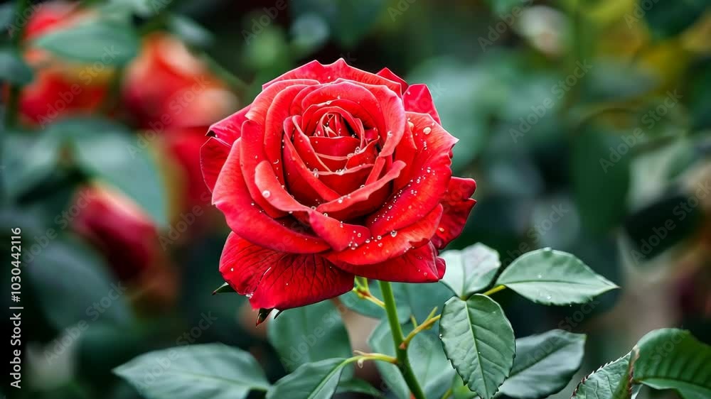 A single, red rose blooms in a garden, glistening with dew drops A single, red rose blooms in a garden, glistening with dew drops