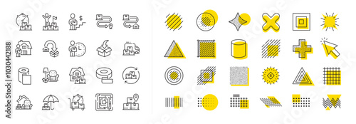 Furniture move, rent space and adhesive tape set. Design shape elements. Moving service line icons. Package delivery, relocation service and carrying man line icons. Vector