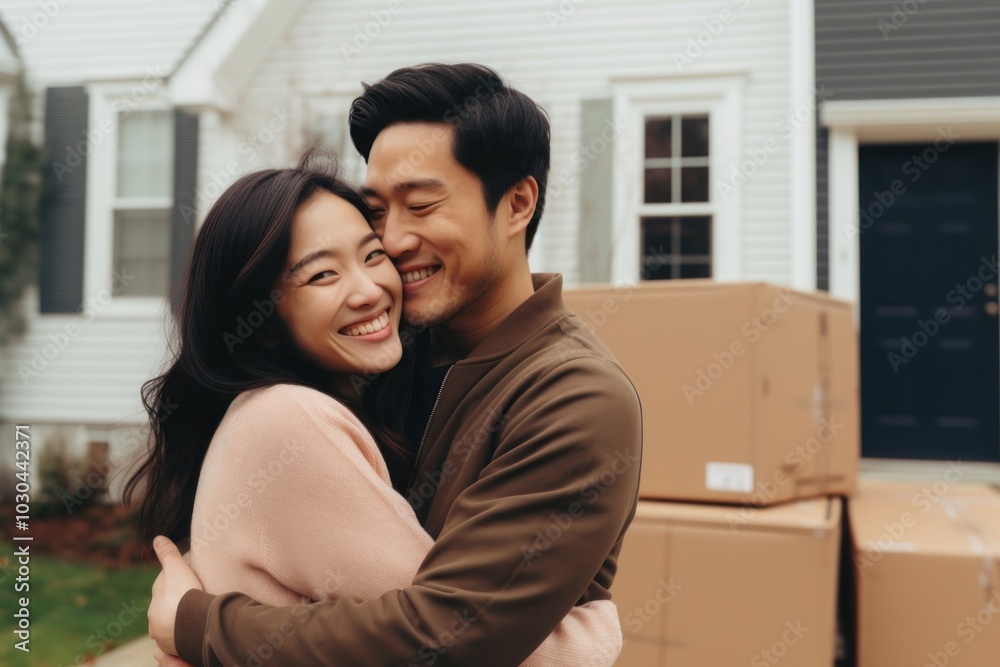 Happy couple moving into new house. Happy couple moving into new house.