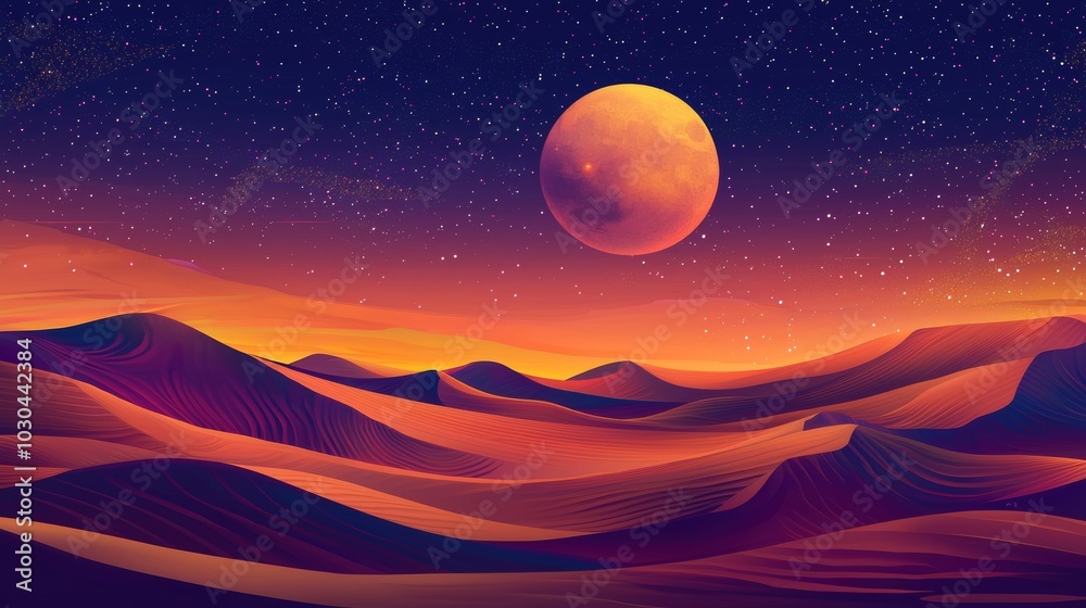 Obraz premium Surreal Desert Landscape with Floating Sand Dunes and Glowing Celestial Orb