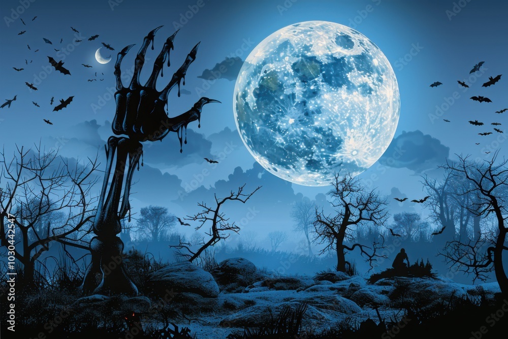 Fototapeta premium A skeletal hand reaches toward the massive full moon, surrounded by bats flying through a barren, eerie landscape, creating a mystical Halloween night scene.