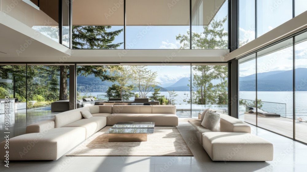 Fototapeta premium Modern Living Room Overlooking Serene Lake View