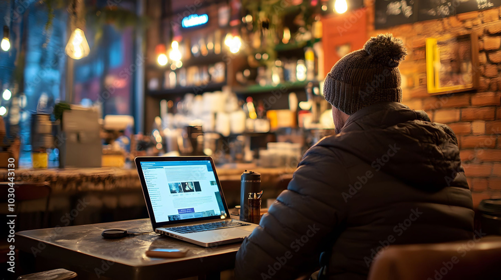 Café Workspace, individual focused on laptop amidst cozy coffee shop ambiance, surrounded by patrons and the aroma of fresh coffee Café Workspace, individual focused on laptop amidst cozy coffee shop ambiance, surrounded by patrons and the aroma of fresh coffee