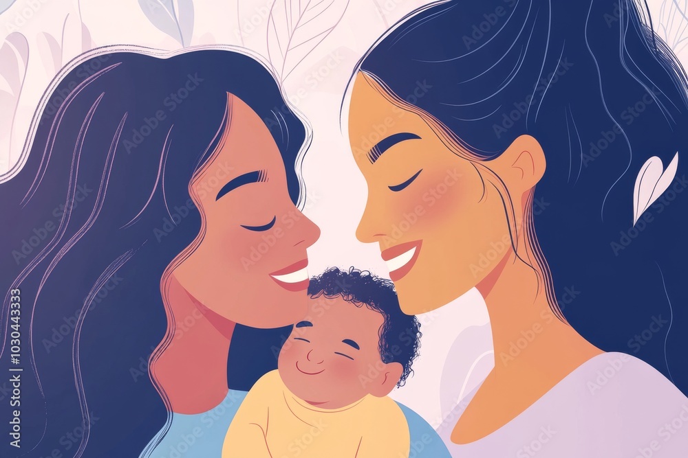 Sweet illustration of a mother and daughter sharing a tender moment symbolizing love care and family bond with soft tones and floral accents in a minimalist design