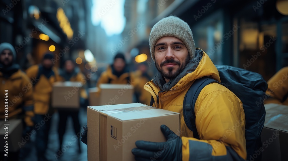 Smiling Delivery Man Holding a Package in Urban Street with Diverse Team of Workers in Yellow Jackets During Cold Winte Smiling Delivery Man Holding a Package in Urban Street with Diverse Team of Workers in Yellow Jackets During Cold Winte