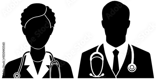 Silhouette set of a male and female medical professional, in black, isolated 