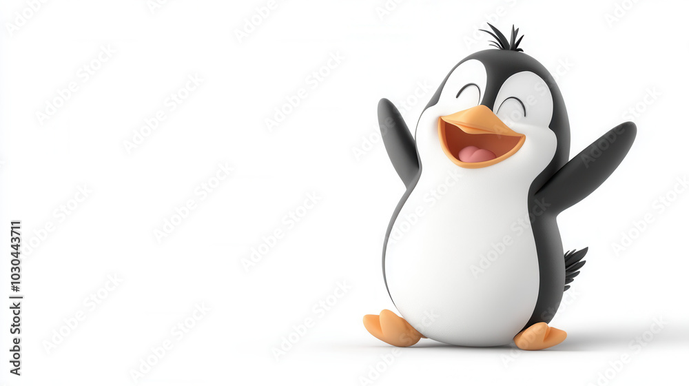 Obraz premium Happy cartoon penguin with arms raised, expressing joy and excitement. This playful character embodies sense of fun and adventure, perfect for childrens themes