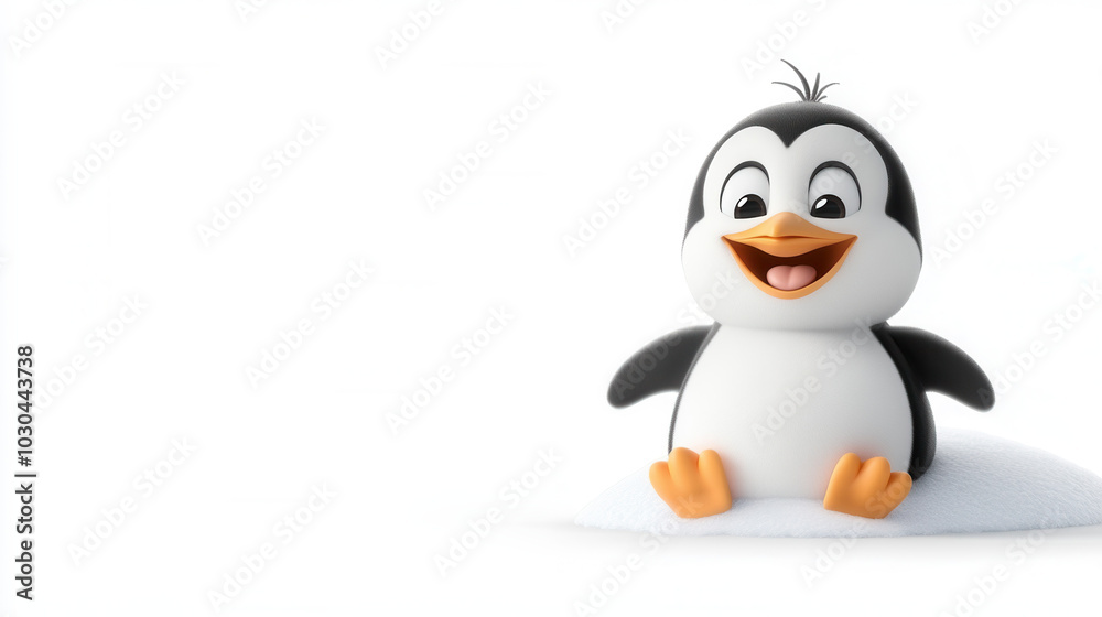 cheerful cartoon penguin sits on snowy surface, exuding joy and playfulness. Its bright eyes and wide smile create delightful and whimsical atmosphere