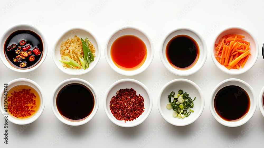 Assortment of seasonings in small bowls neatly arranged Assortment of seasonings in small bowls neatly arranged