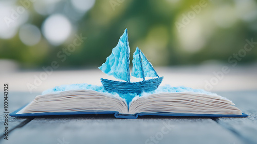 A Creative Optical Illusion of a Ship Sailing into a Book Illustrated as a Paint by Numbers Work