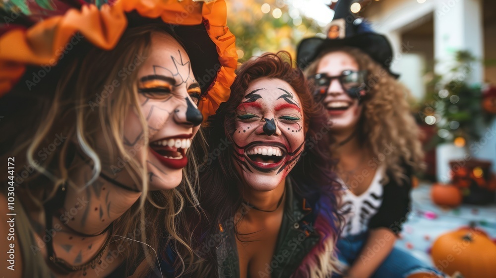 Three women are dressed up in Halloween costumes and are smiling Three women are dressed up in Halloween costumes and are smiling