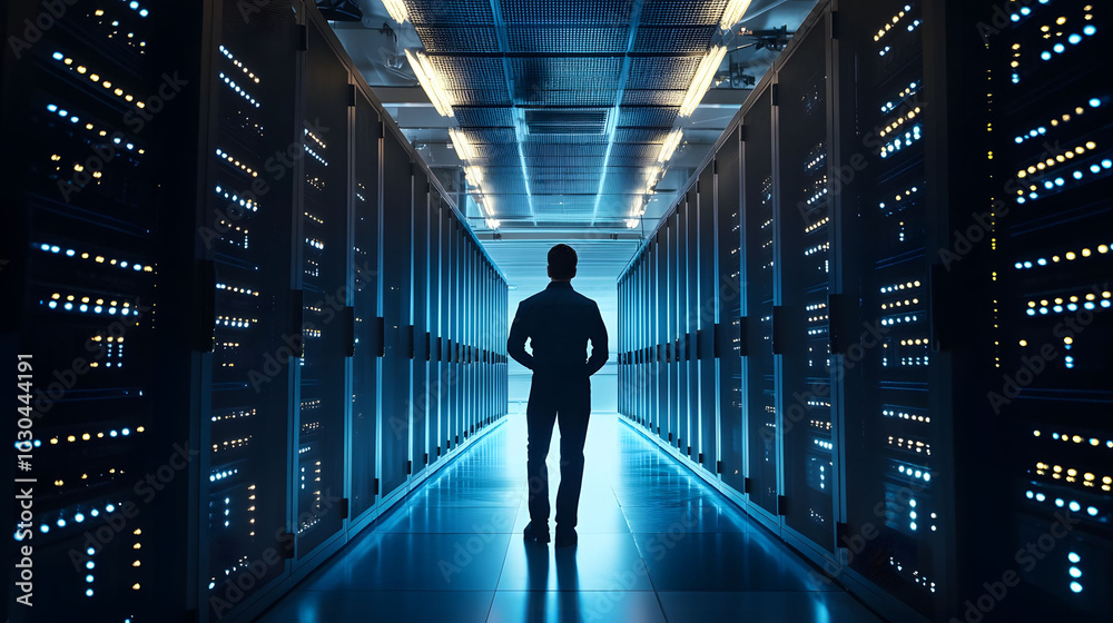 IT professional overseeing server operations, cloud infrastructure management, optimizing data center performance and security. IT professional overseeing server operations, cloud infrastructure management, optimizing data center performance and security.