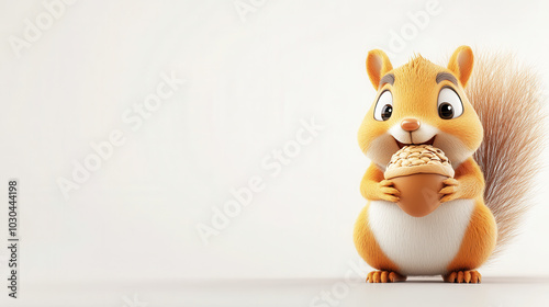 Cute cartoon style squirrel holding oversized acorn, showcasing playful and cheerful expression. This adorable character is perfect for childrens illustrations or playful designs