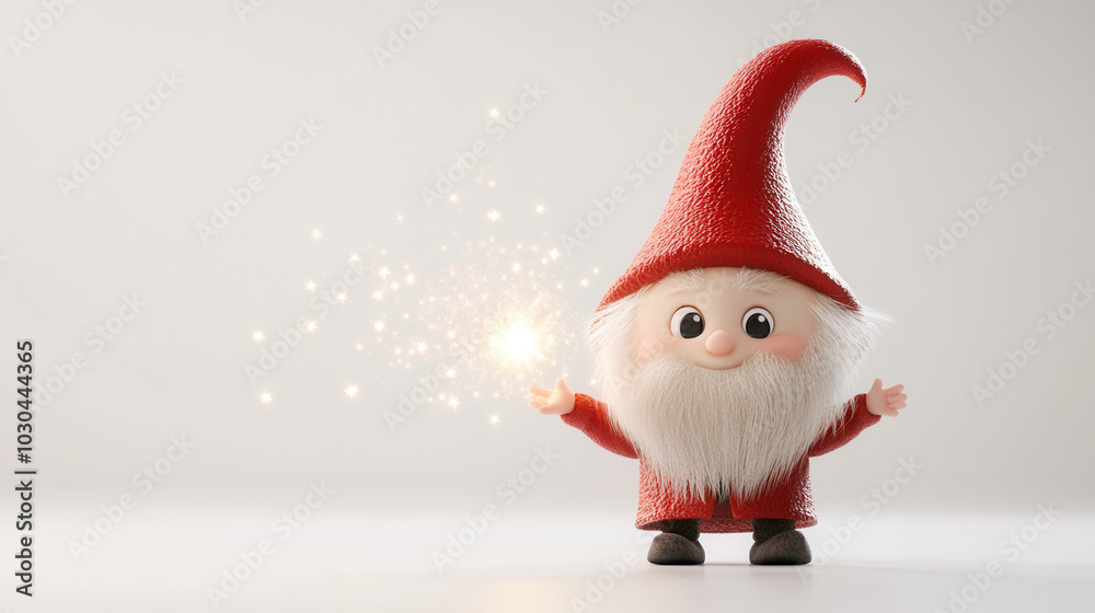 Obraz premium Cute cartoon style gnome with red hat casting magical spell, surrounded by sparkling lights. This whimsical character brings joy and enchantment to any scene