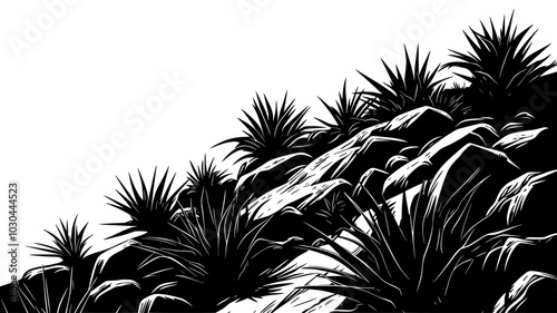 Agave plants growing on a rocky hillside in an arid landscape, vector illustration art