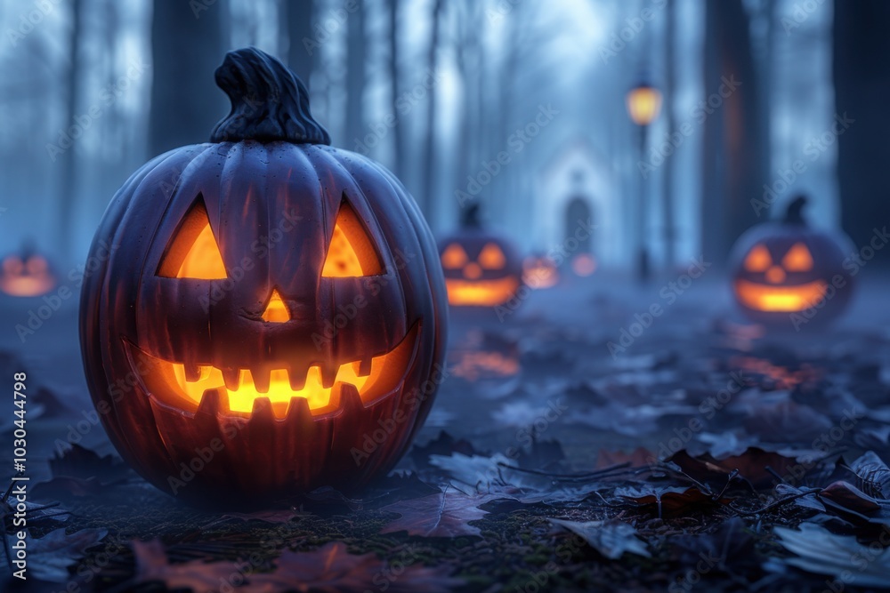 A glowing jack-o'-lantern sits on a misty path surrounded by fallen autumn leaves and more pumpkins, with a gothic-style church visible in the background, setting a spooky Halloween scene.
A glowing jack-o'-lantern sits on a misty path surrounded by fallen autumn leaves and more pumpkins, with a gothic-style church visible in the background, setting a spooky Halloween scene.