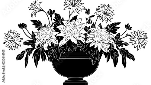 Arrangement of lilies and chrysanthemums in brass urn, vector illustration art