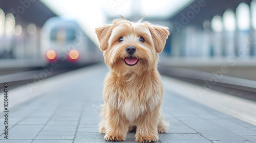 A Cheerful Norfolk Terrier Excitedly Awaiting the Arrival of a Powerful German ICE Train in a Colorful Station Atmosphere photo