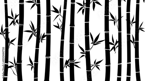 Bamboo grove with tall, segmented stems and narrow leaves, vector illustration art
