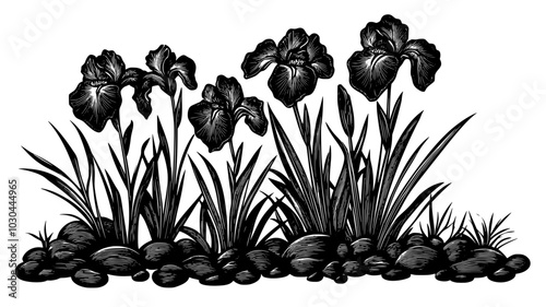 Bearded iris plant with several open flowers in a flowerbed, vector illustration art